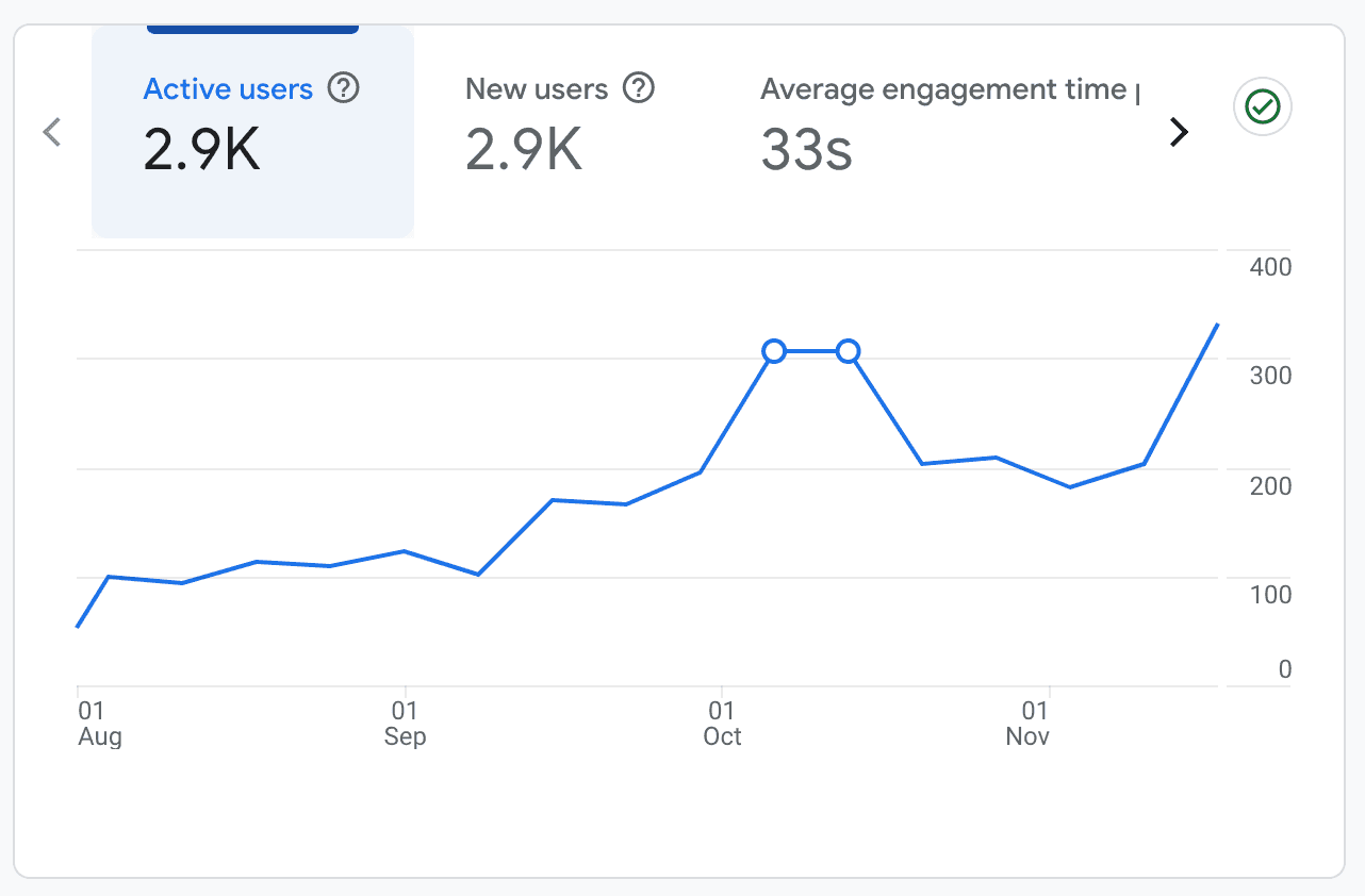Google Analytics chart of Alpha Gym website traffic rising to 2.9K active users from August to November 2024